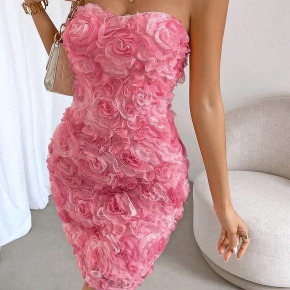 Pink Preppy Womens Floral Appliques Tube Bodycon Dress - Picture 8 of 8